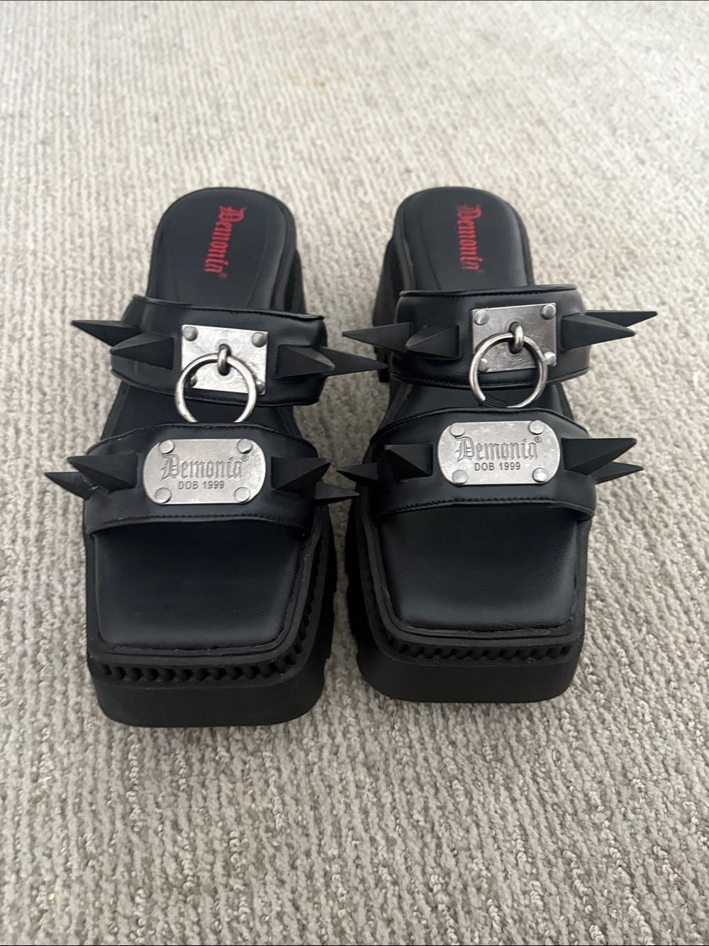 Demonia Black Spike & Ring Platform Mules